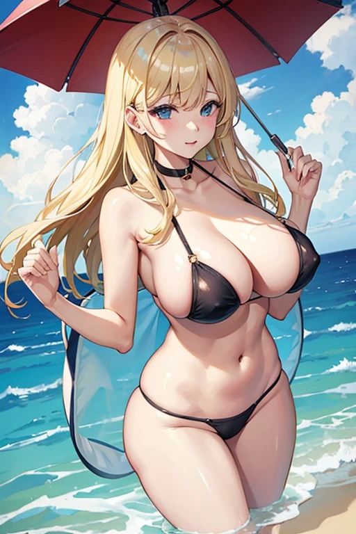 サンプル画像2:海辺の巨乳金髪美女(色気の垂れ流し) [d_383692]