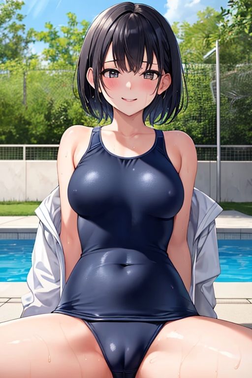 サンプル画像1:開脚スク水 黒髪ショート編(AI娘堂) [d_394999]