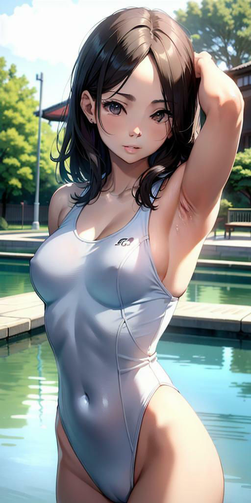 サンプル画像1:水辺に集う純白なスクール水着美女たちの美しい腋の競演(カオスクッキング倶楽部) [d_396985]