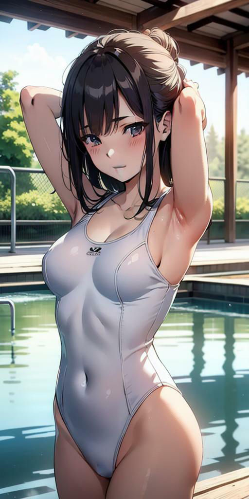 水辺に集う純白なスクール水着美女たちの美しい腋の競演のサンプル画像 6