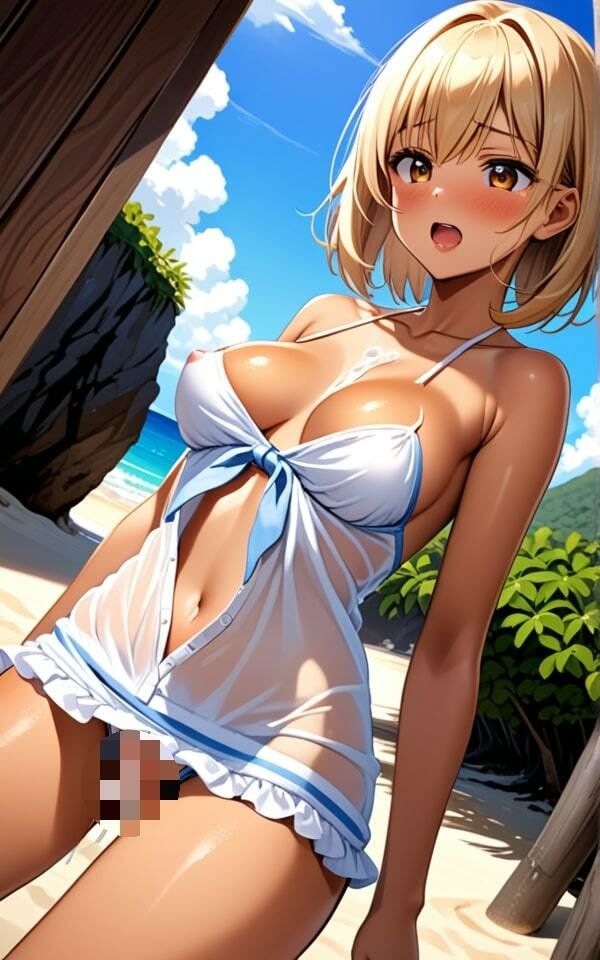 サンプル画像2:巨乳日焼けギャルのビーチで誘惑 昼間から脱がすなよ！(美女大好き妄想族) [d_401422]