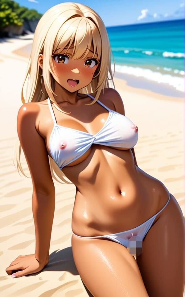 サンプル画像5:巨乳日焼けギャルのビーチで誘惑 昼間から脱がすなよ！(美女大好き妄想族) [d_401422]