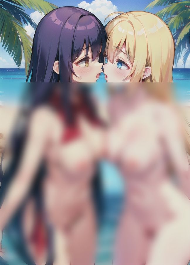 サンプル画像2:海でレズ公開エッチ「レズの顕示欲」…海で裸になって…(お布団) [d_403389]