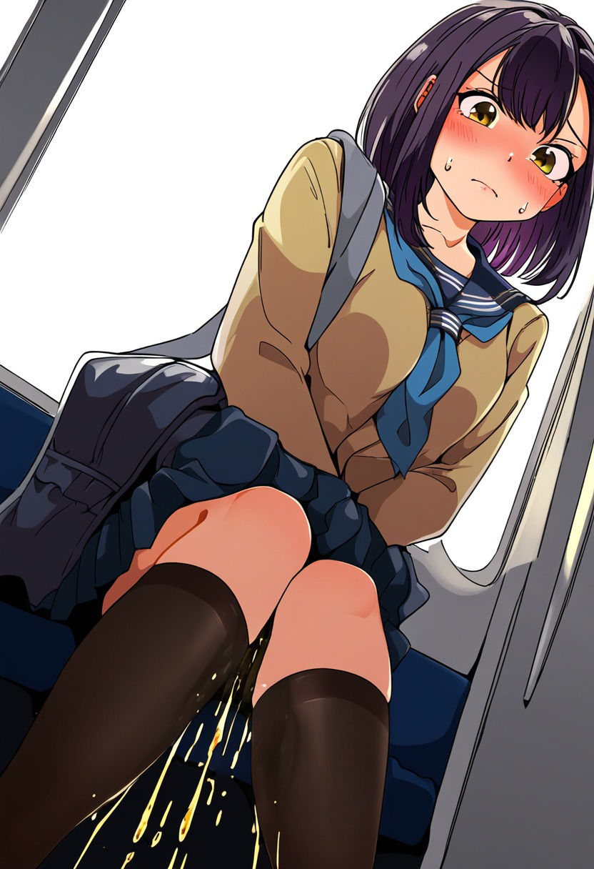 サンプル画像6:電車でおしっこ我慢したけどおもらしするJK(AI美女のぬくもり) [d_410442]