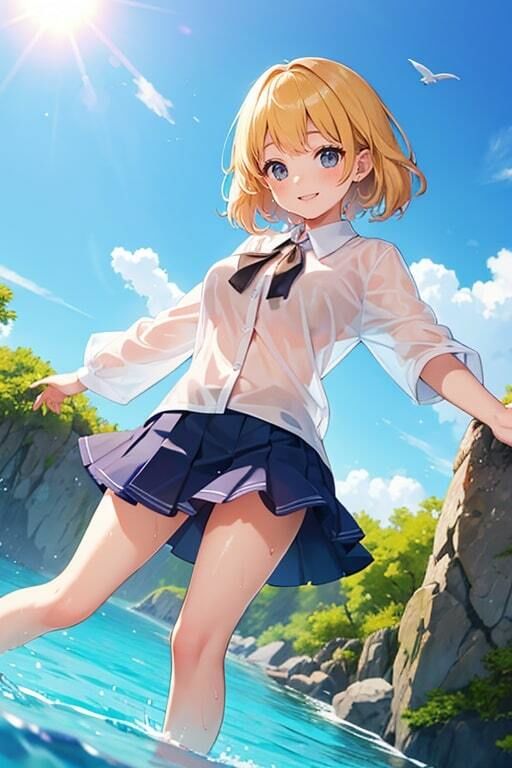 サンプル画像1:ブラがスケスケでも気にせず遊ぶ水辺の美少女(AIバブみ) [d_410754]