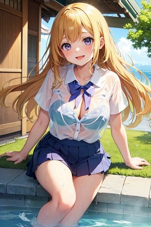 サンプル画像2:ブラがスケスケでも気にせず遊ぶ水辺の美少女(AIバブみ) [d_410754]