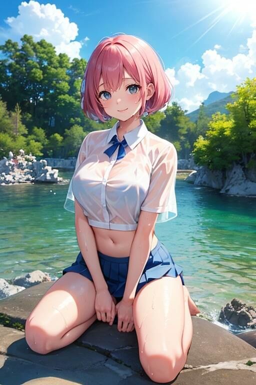 サンプル画像5:ブラがスケスケでも気にせず遊ぶ水辺の美少女(AIバブみ) [d_410754]