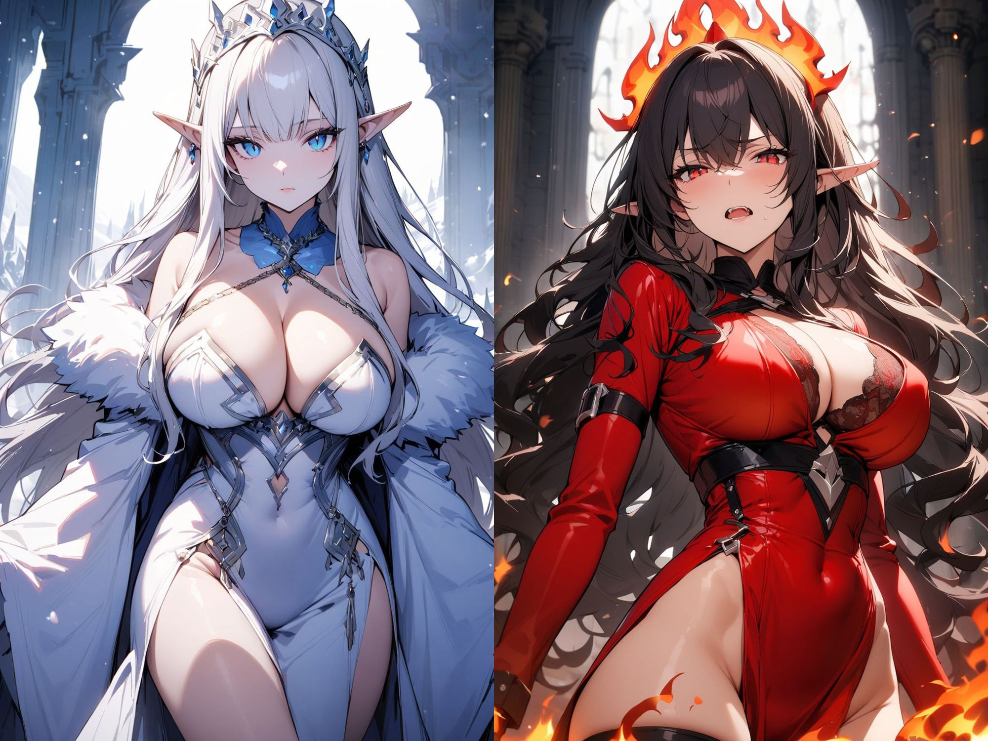 サンプル画像1:異世界転生:美人な雪の女王と炎の女王の対立！？女王様が反省するまでお仕置きSEXした件(聖水の彼方) [d_413504]