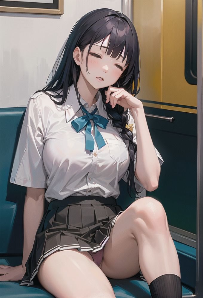 サンプル画像4:電車に座るミニスカJKのパンチラ(AI am アニメAI画像生成見習い) [d_416352]