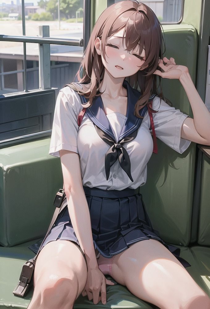 サンプル画像6:電車に座るミニスカJKのパンチラ(AI am アニメAI画像生成見習い) [d_416352]
