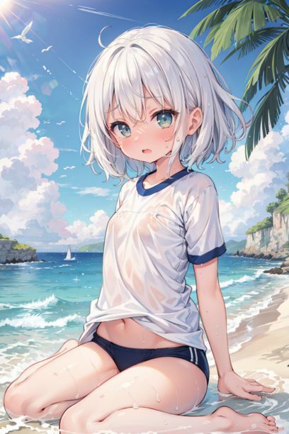 サンプル画像4:体操服を着た女の子と海2(とらいあどら) [d_418350]