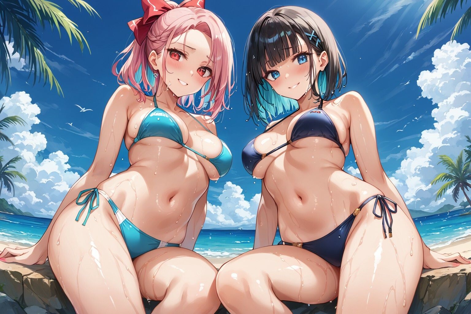 サンプル画像1:海に行ったら2人のギャルが逆ナンしてきてさらにダブルフェラ＆パイズリまで？！(美少女をAIしてる) [d_420869]