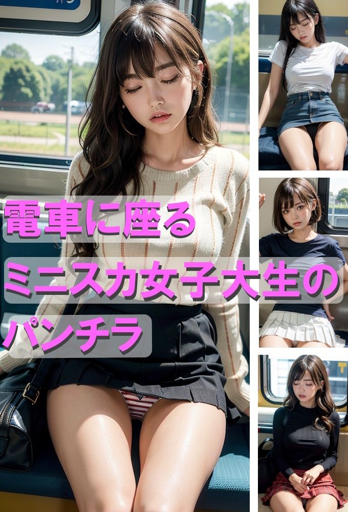 サンプル画像1:電車に座るミニスカ女子大生のパンチラ(AIpril Fool リアル系) [d_422651]