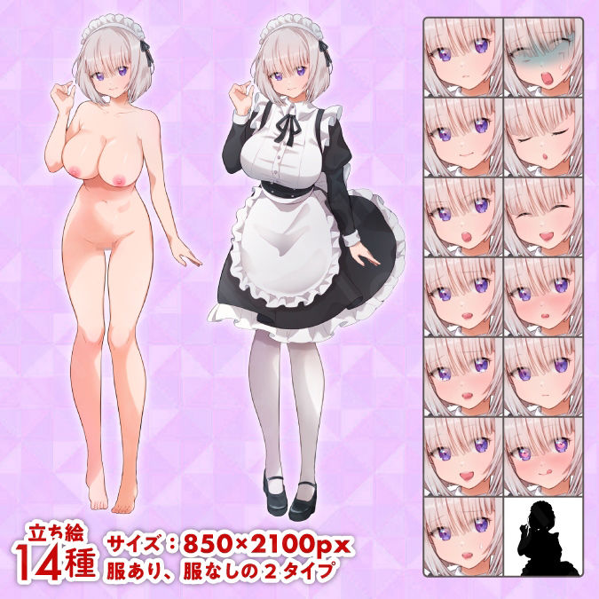 サンプル画像1:【立ち絵素材】落ち着いた雰囲気の銀髪メイド女性のイラスト・ファンタジー・巨乳/服有りver・裸verの2種類/全身差分14種【PSD付き】(素材WIZPACK) [d_423324]