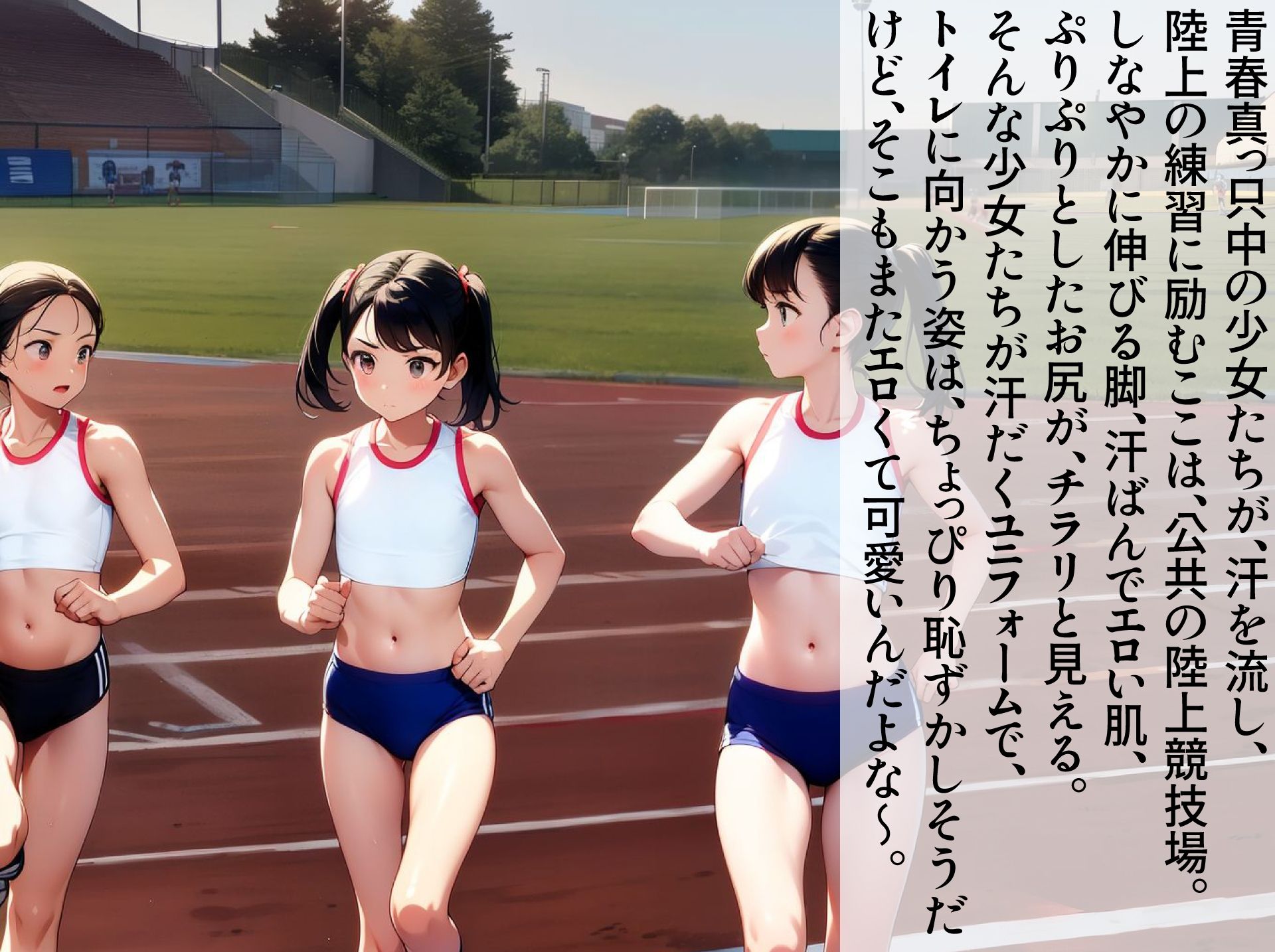 サンプル画像1:陸上競技場トイレ盗撮-陸上少女放尿-(AIいらすとアダルトフリーギャラリー) [d_427941]