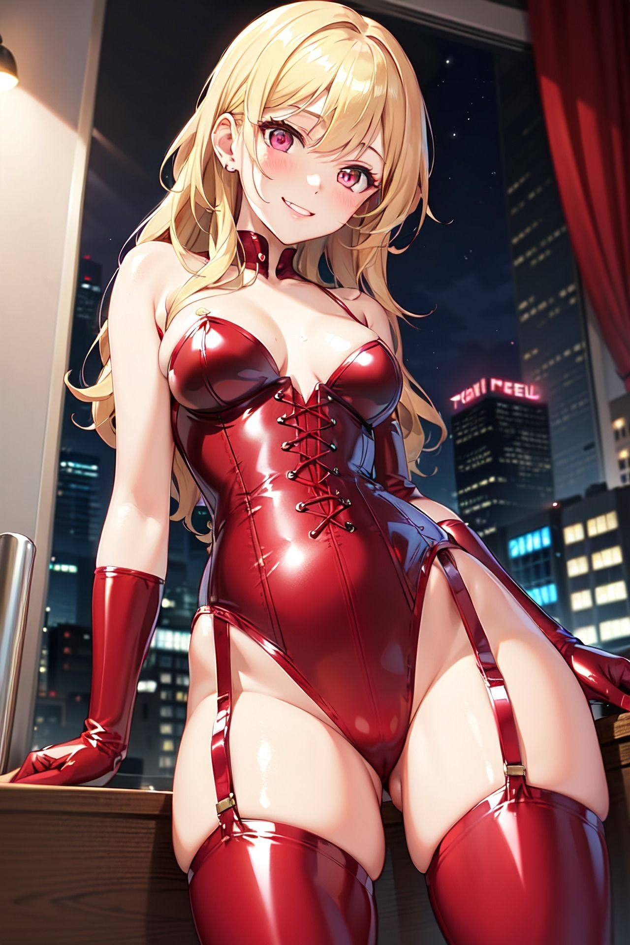 サンプル画像2:金髪ロングエナメルボンデージ女王様ちゃんイラスト集 2(chastity@AIイラスト) [d_434897]