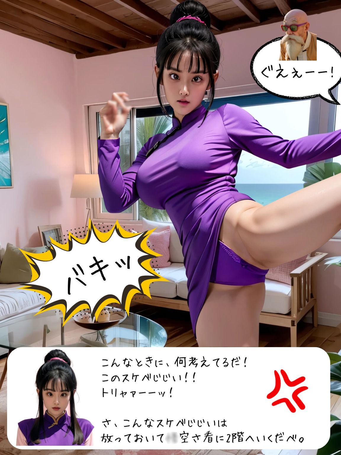 サンプル画像5:夫の孫悟空が心臓病でカメハウスの2階で寝込んでいた7日間のあいだに、 あの気の強い鬼嫁＆教育ママのチチが毛嫌いしていた武天老師さまの絶倫おちんぽに がっつり寝取られ、メス堕ちして挙句の果てに自ら中出し懇願して 武天老師さまの子を孕んでいたお話(AI Life) [d_436314]