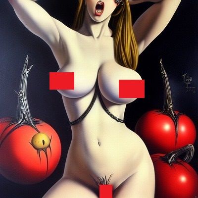 ホラーアート:お化けトマトと美巨乳の女の画像1