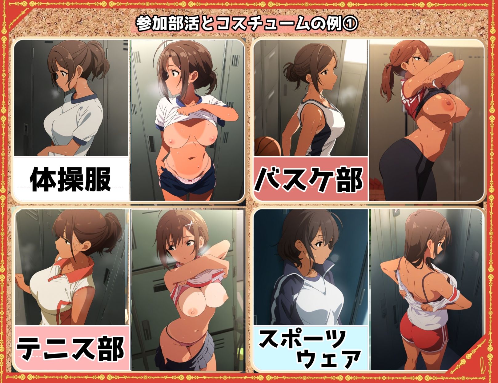 サンプル画像4:盗撮＆汗蒸れフェチ特化 2020年代アニメ作画特集 スポーツ巨乳少女たちの運動部盗撮 –褐色少女編- 500枚を撮影-(青山堂) [d_448634]