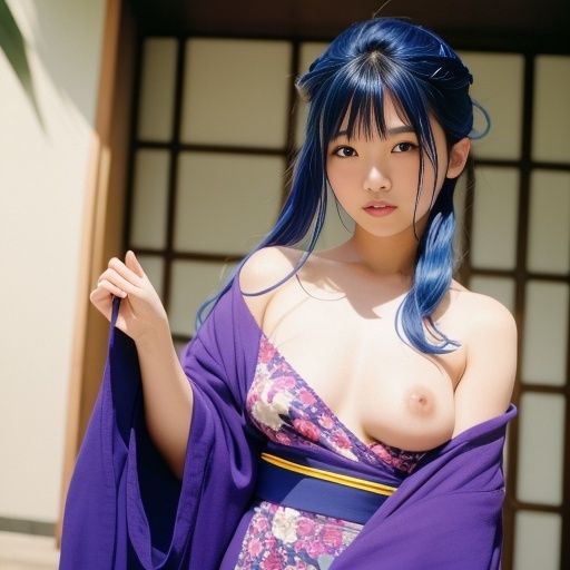 藍色ヘアーの浴衣美女(セリフなし AI画像集)のサンプル画像 6