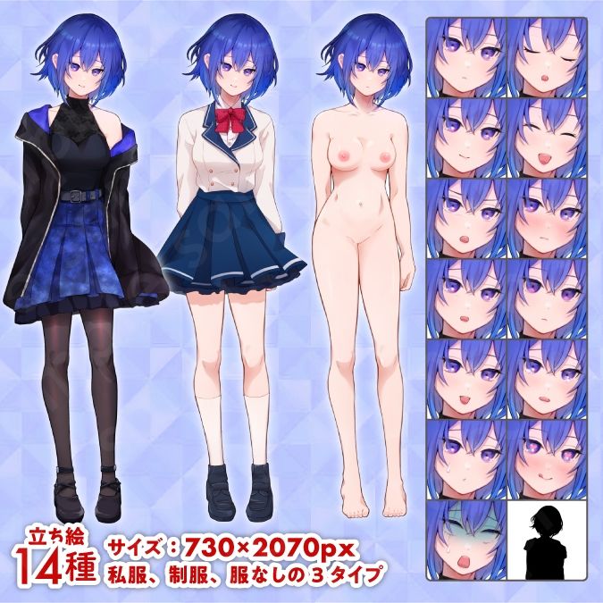 サンプル画像1:【立ち絵素材】クールな落ち着いた雰囲気の紺髪ショートカット女性のイラスト/私服・制服・裸ver有/全身差分14種【PSD付き】(素材WIZPACK) [d_451646]