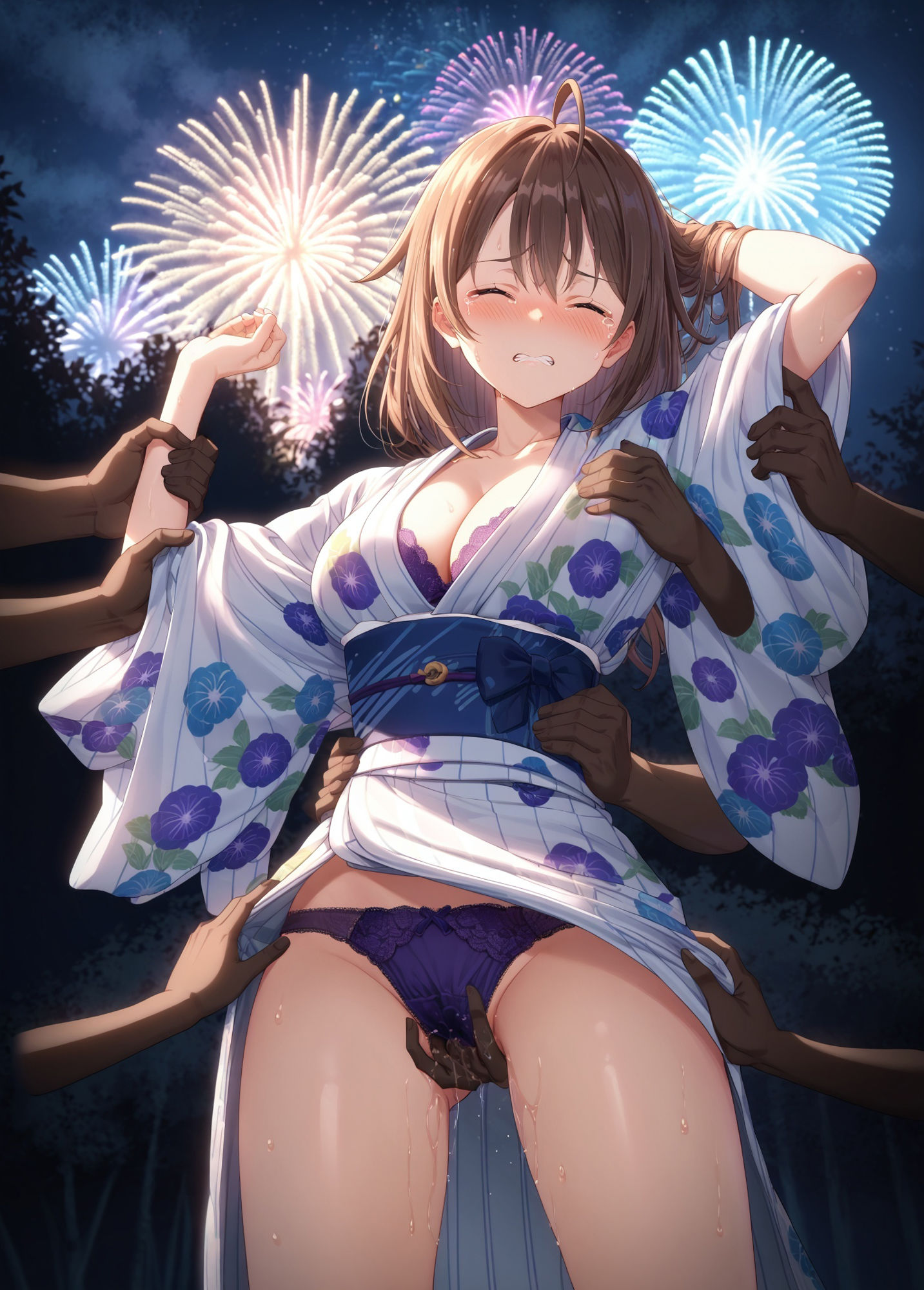 サンプル画像5:夏祭り 美人姉妹のナカに容赦なく放たれた、打ち上げ花火(絵心あいのAI生成アトリエ) [d_452402]