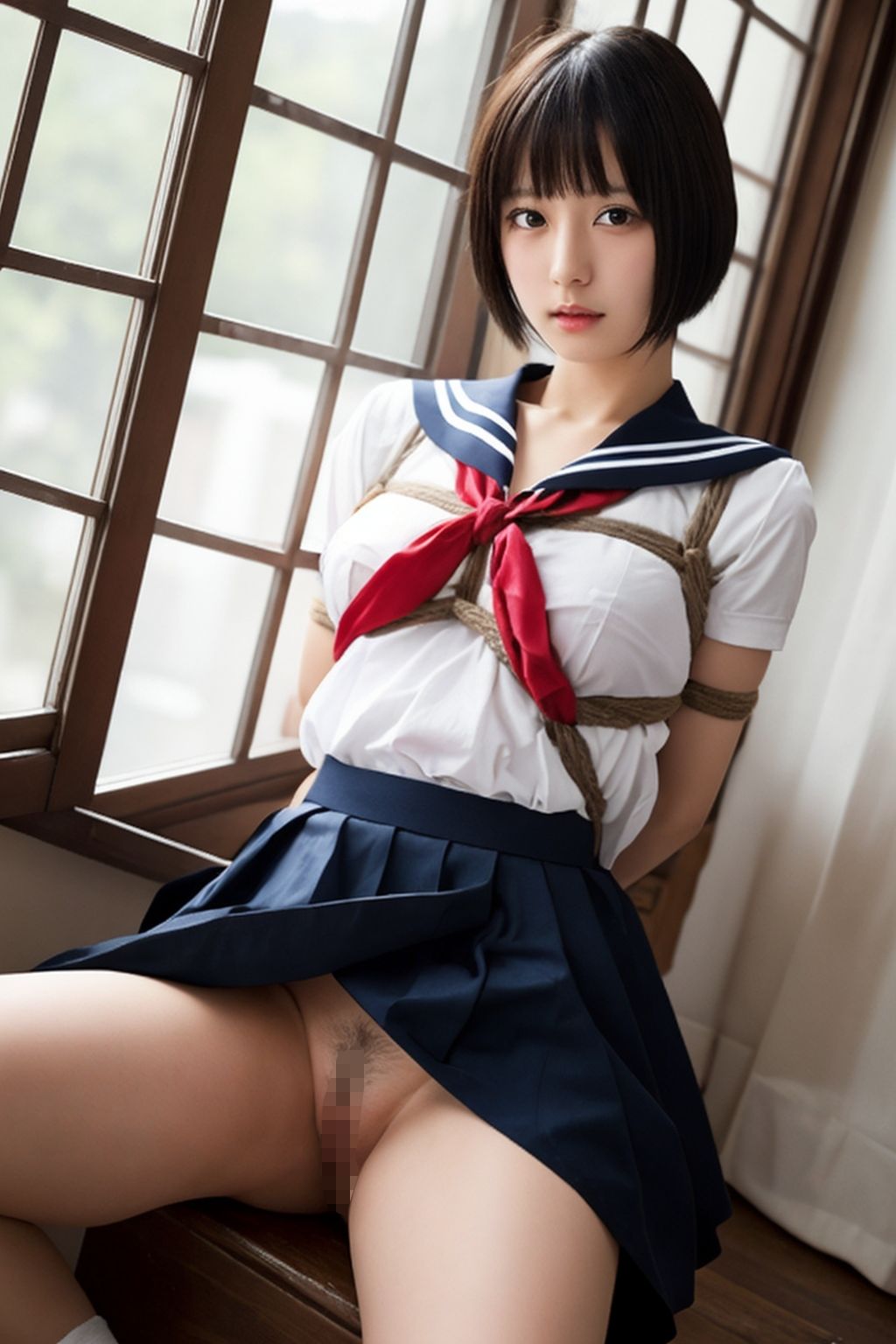 サンプル画像2:開脚女子校生3 緊縛黒髪ショート編(AI娘堂) [d_455426]