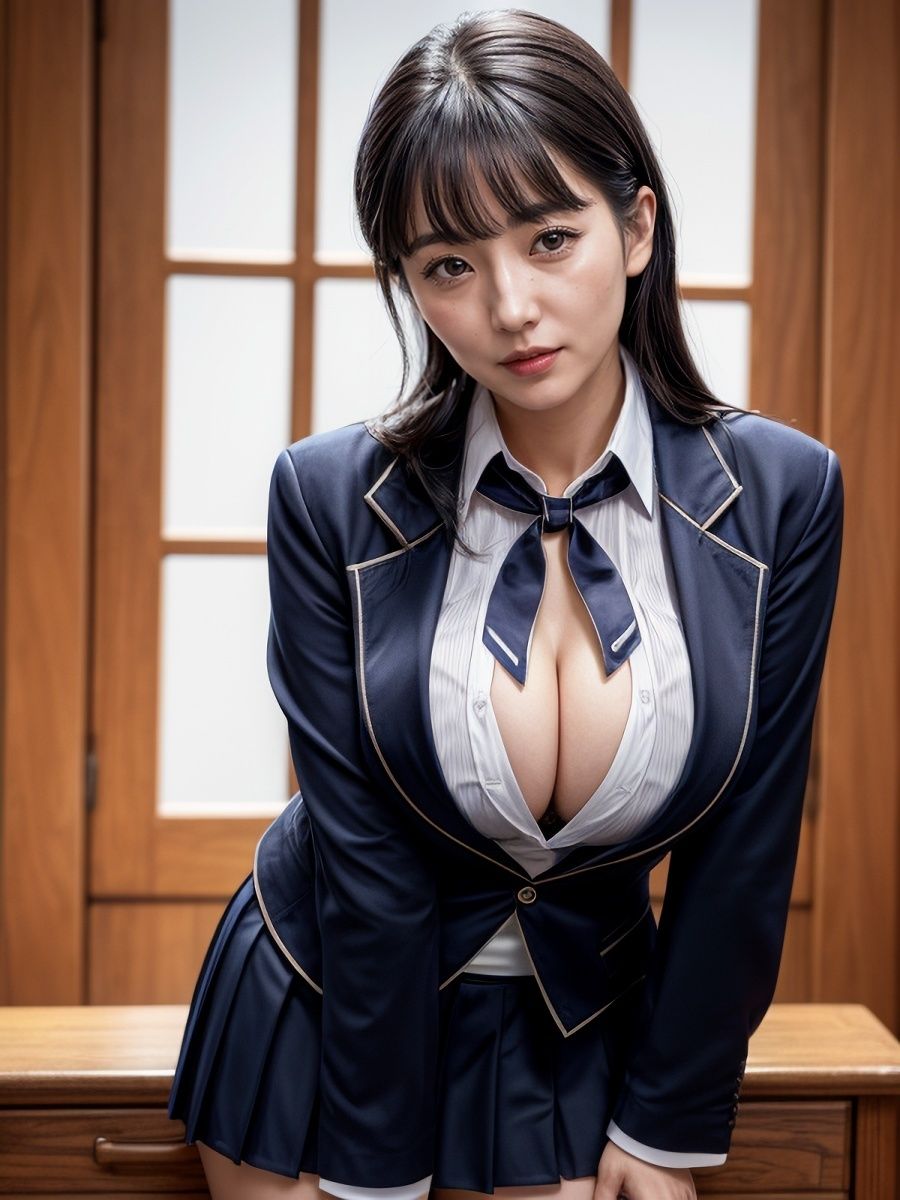 サンプル画像2:30代/40代/50代で普通乳〜巨乳サイズのJKブレザー制服を着た黒髪熟女人妻の着衣おっぱい＆胸の谷間「リアル・実写系」写真集(ももんじゃ) [d_459874]