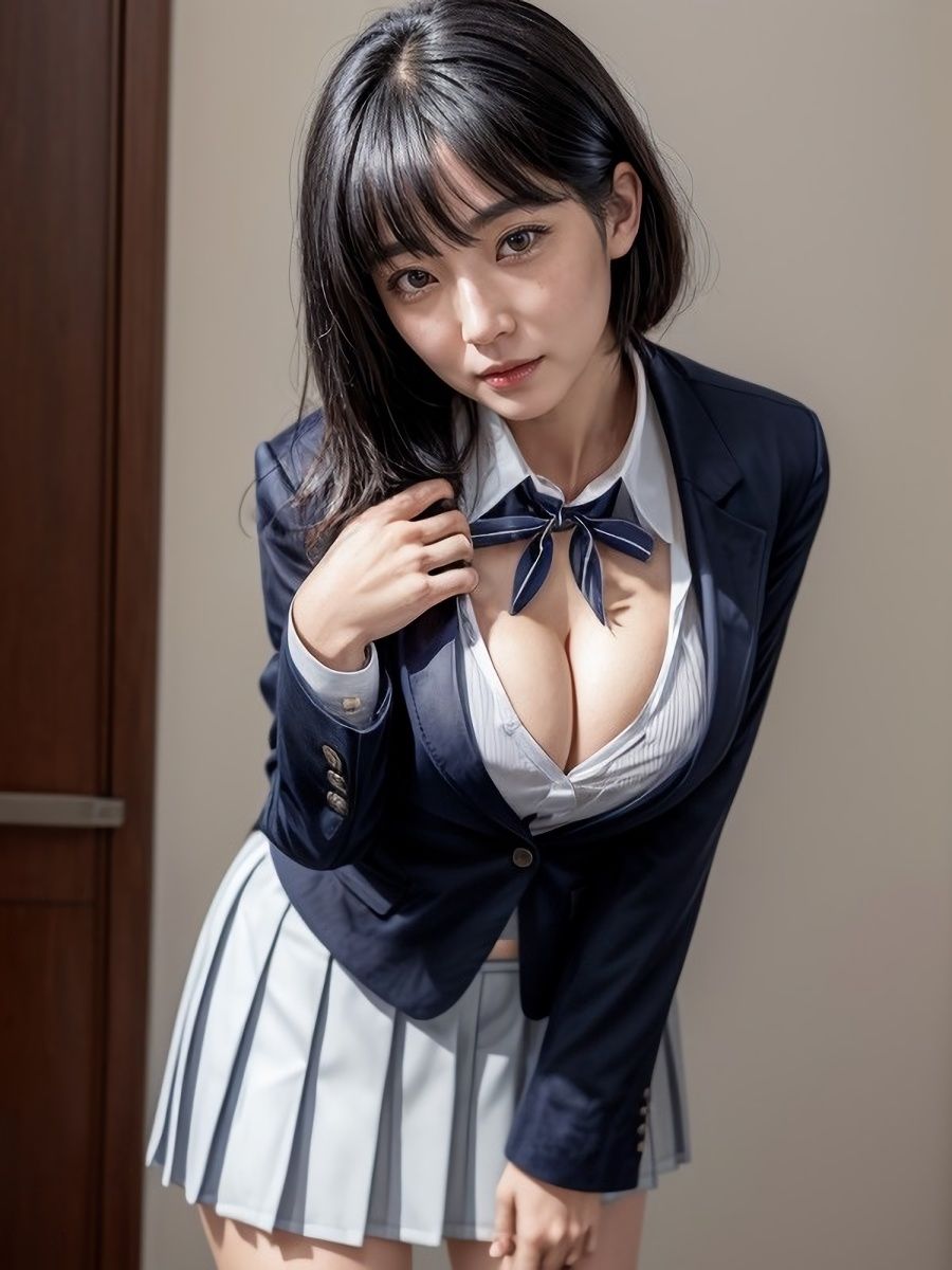 サンプル画像4:30代/40代/50代で普通乳〜巨乳サイズのJKブレザー制服を着た黒髪熟女人妻の着衣おっぱい＆胸の谷間「リアル・実写系」写真集(ももんじゃ) [d_459874]