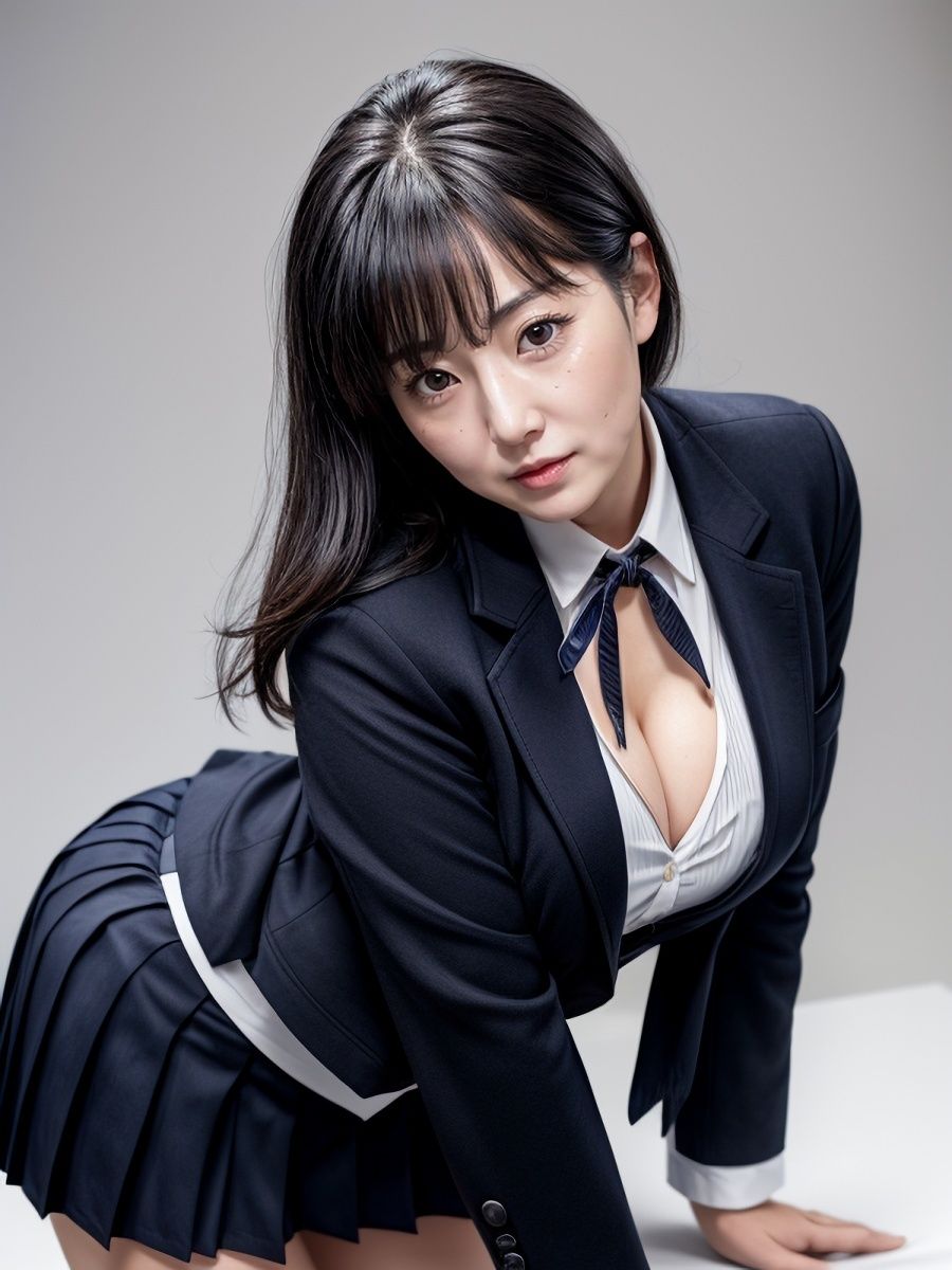 サンプル画像5:30代/40代/50代で普通乳〜巨乳サイズのJKブレザー制服を着た黒髪熟女人妻の着衣おっぱい＆胸の谷間「リアル・実写系」写真集(ももんじゃ) [d_459874]