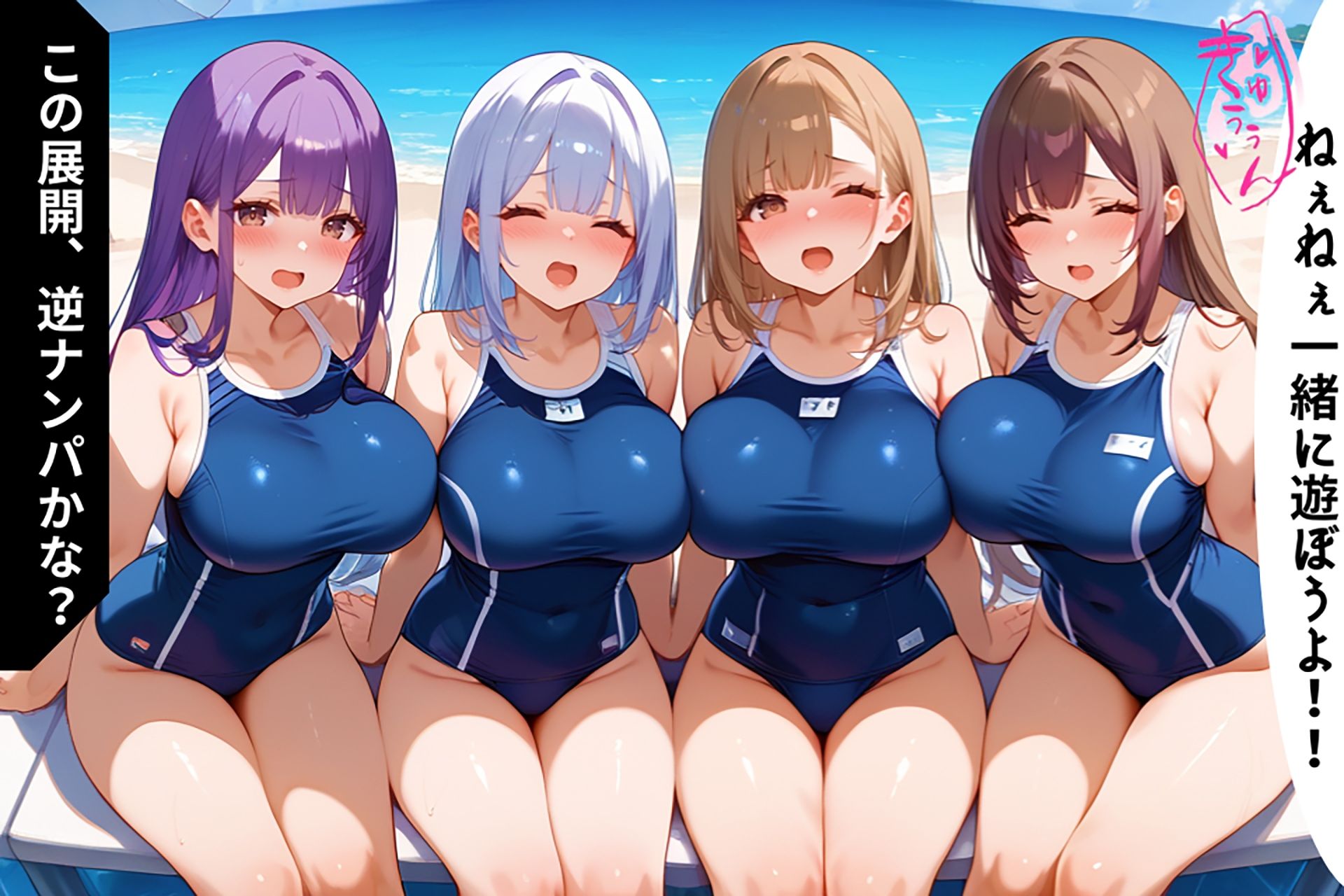 サンプル画像5:揺れる爆乳女子たちとの秘密のビーチタイム！エッチなハーレムが止まらない！【セリフ/擬音付き】(爆乳娘) [d_462520]