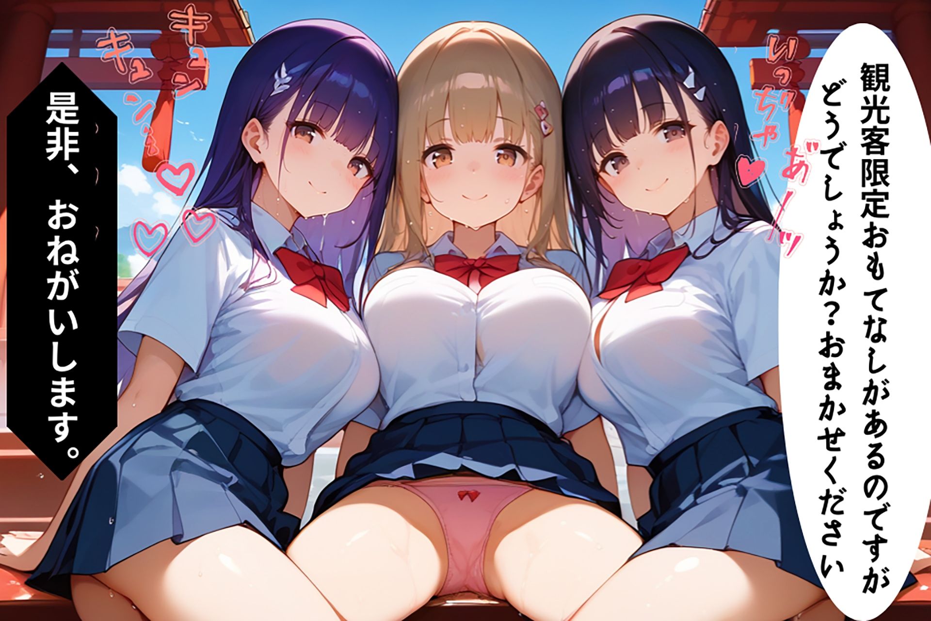 サンプル画像5:リゾート島で制服女子たちに誘惑されてエロいおもてなしを受けた話【セリフ/擬音付き】(ハーレム天国) [d_463694]