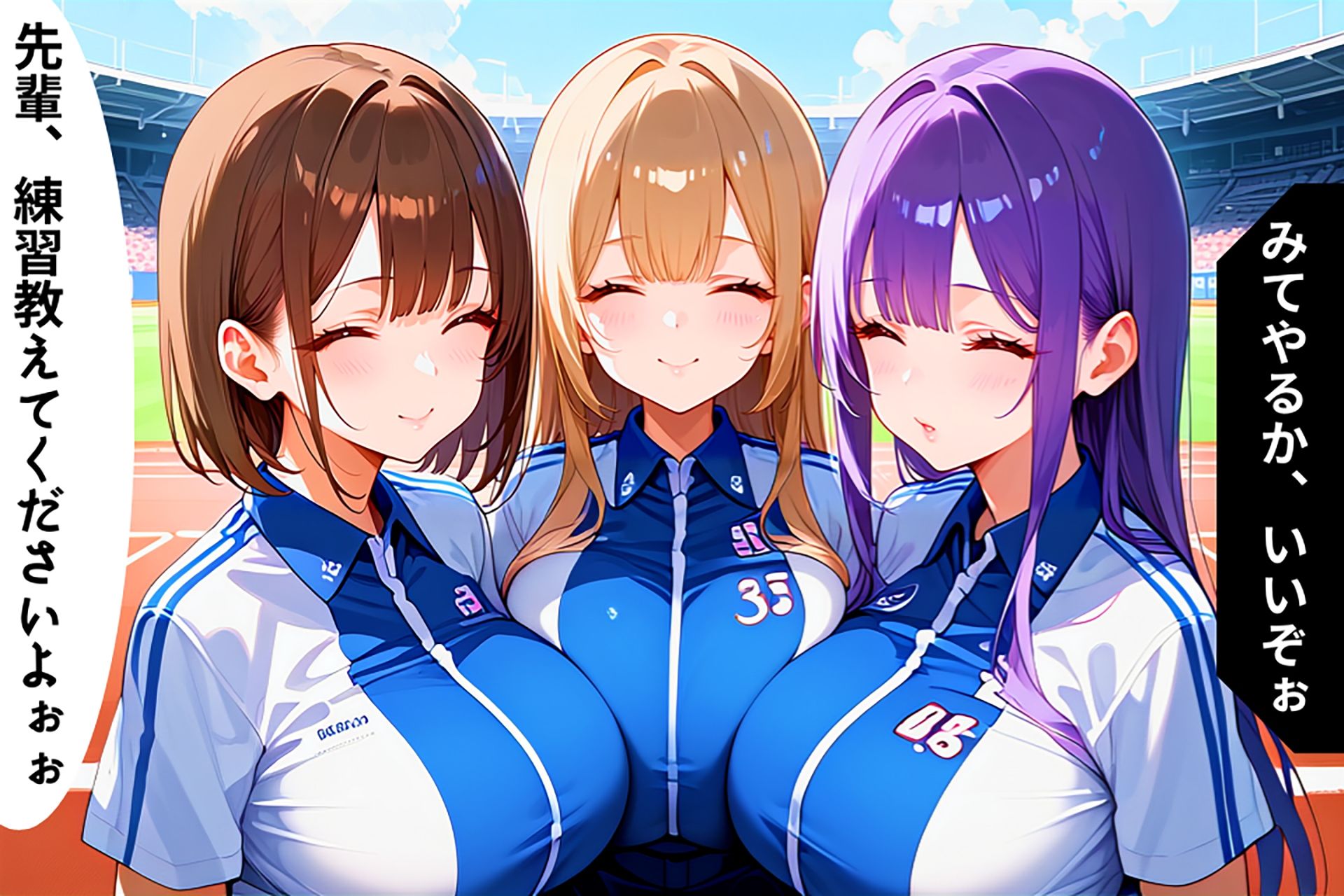 サンプル画像5:昼間の運動場で汗だく爆乳後輩たちが次々と迫ってきた話【セリフ/擬音付き】(爆乳娘) [d_463707]