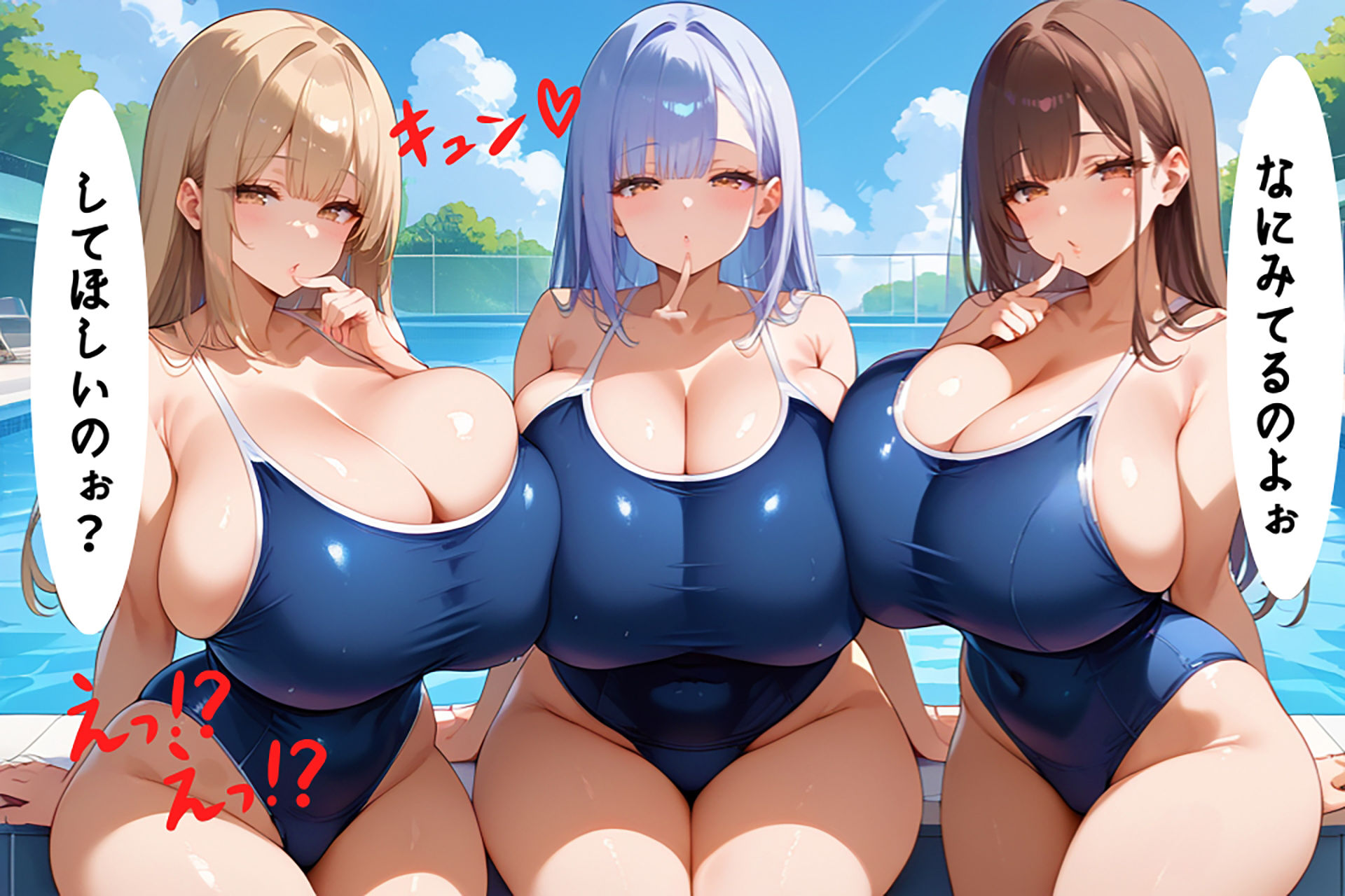 サンプル画像5:スク水美女たちとプールでふざけてたらエッチな展開に…【セリフ/擬音付き】(むちむちマニア) [d_465367]