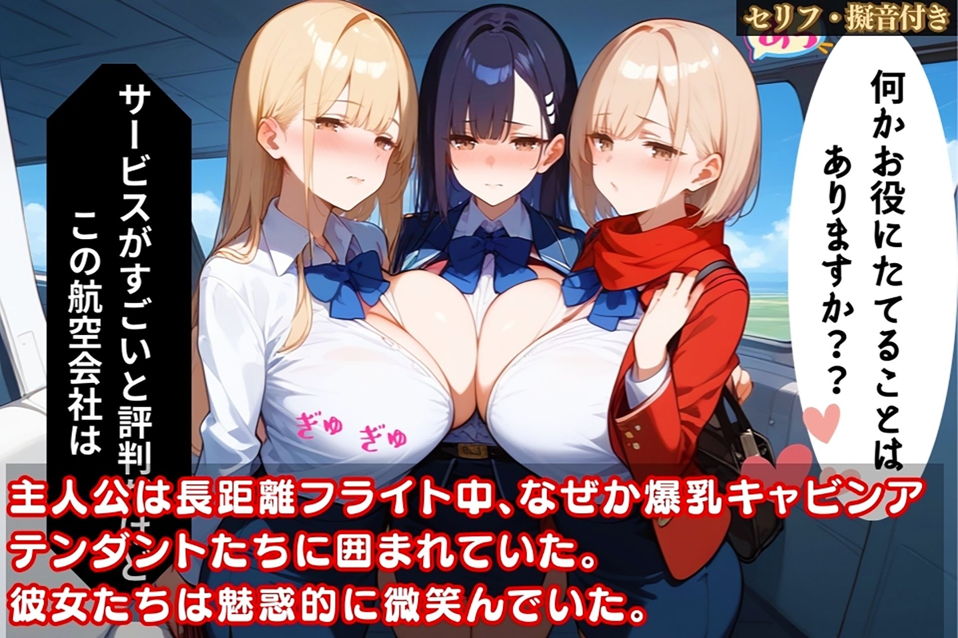 サンプル画像1:長距離フライトで爆乳CAたちの濃厚エチエチ接待が始まった件【セリフ/擬音付き】(爆乳素人) [d_469410]