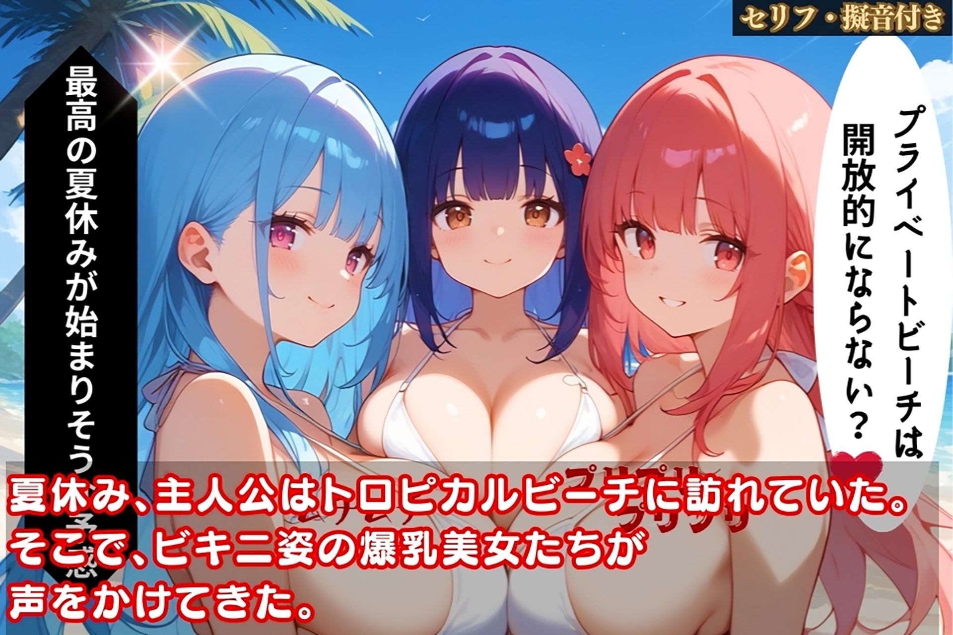 サンプル画像1:トロピカルな夜にビキニ美女と濃密プレイ！妊娠覚悟のハメまくり体験【セリフ/擬音付き】(爆乳素人) [d_469419]