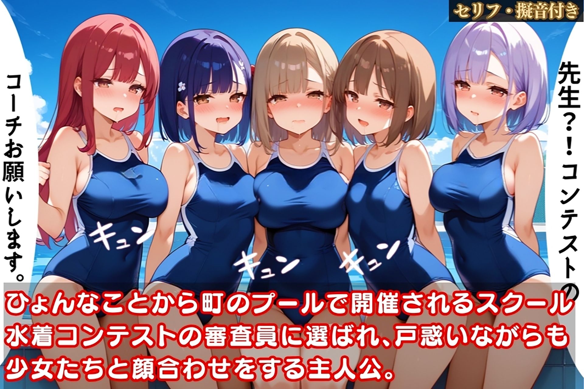 サンプル画像1:エロコーチの俺がスク水少女たちを犯し尽くす！我慢できない性処理特訓【セリフ/擬音付き】(むちむちAidol) [d_470200]