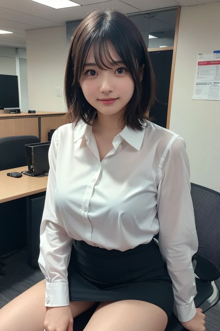 サンプル画像1:オフィスでの誘惑 ？ 清楚な微笑みとトップレスの秘めた魅力(AI美女ギャラリー) [d_472339]