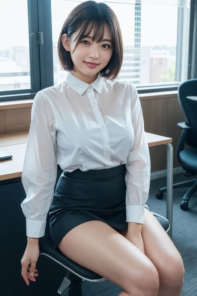 サンプル画像3:オフィスでの誘惑 ？ 清楚な微笑みとトップレスの秘めた魅力(AI美女ギャラリー) [d_472339]