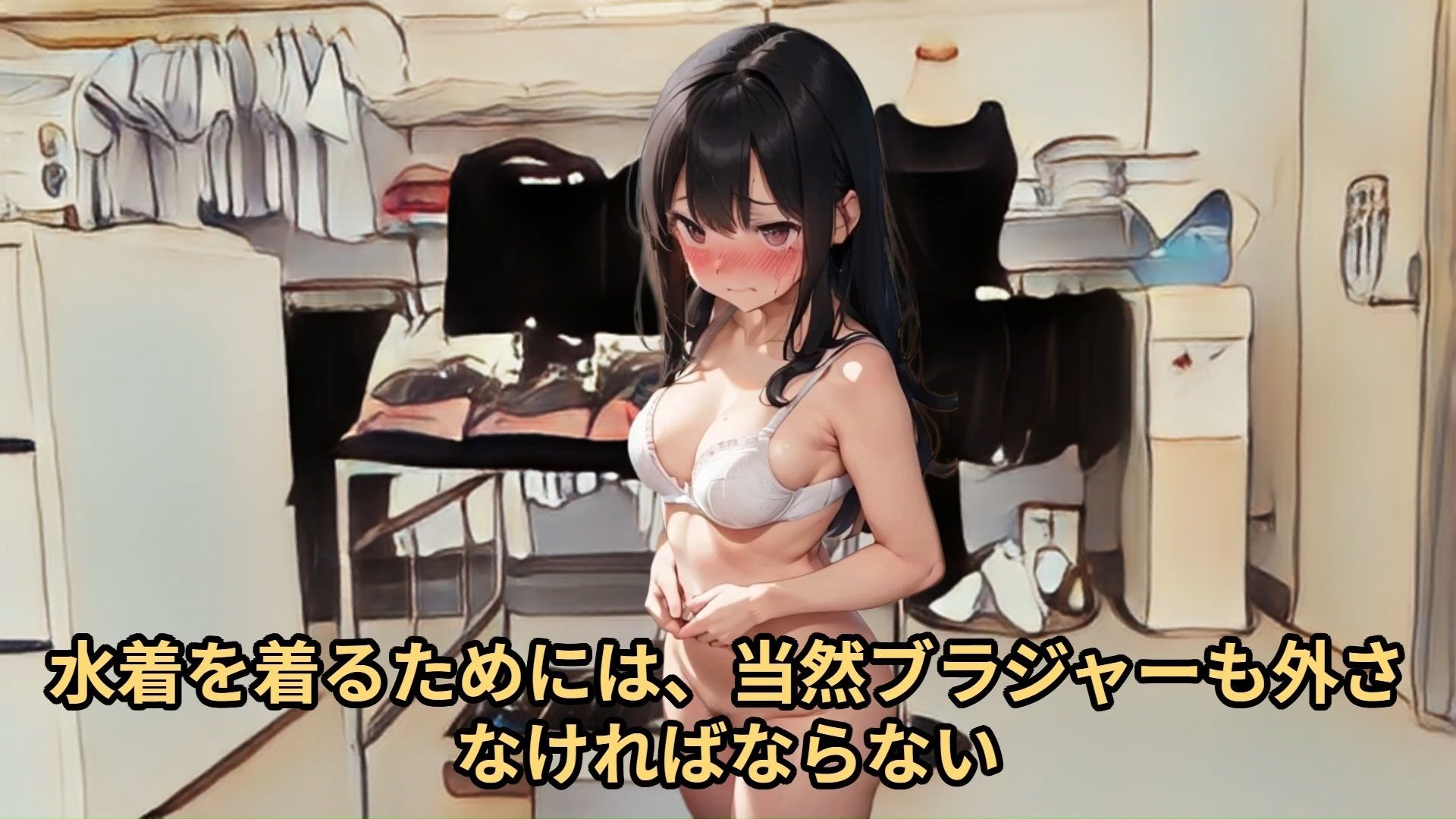 サンプル画像3:【少女痴●体験告白】羞恥の制服採寸（第3話）気弱な少女に明らかにサイズの小さいスクール水着を試着させて、なめ回すように視姦した話(少女痴●体験告白) [d_484646]