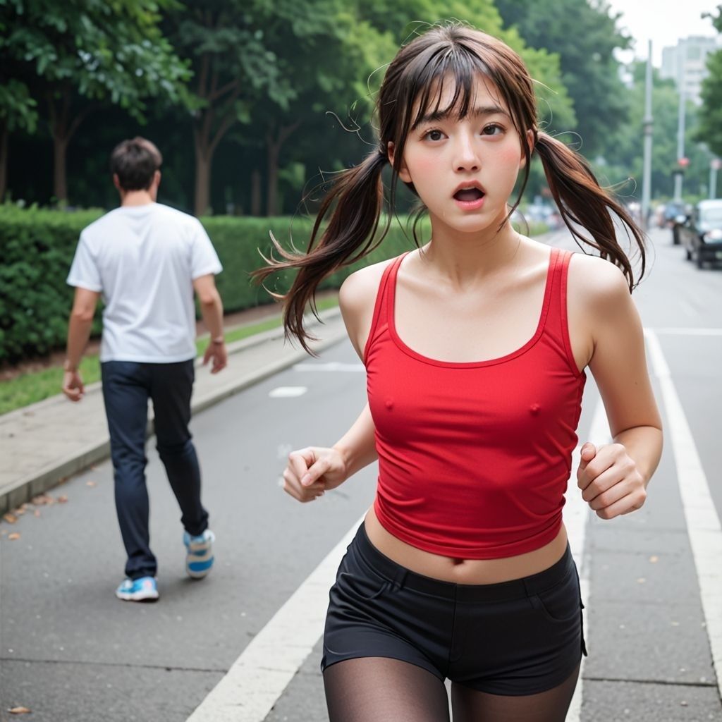 サンプル画像3:ノーブラでジョギング！？ランニング女子の胸ポチ画像集(AI美エロ) [d_491473]