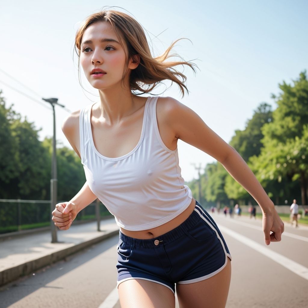 サンプル画像4:ノーブラでジョギング！？ランニング女子の胸ポチ画像集(AI美エロ) [d_491473]