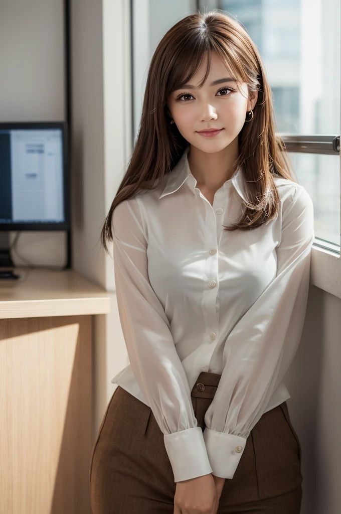 サンプル画像1:デスクサイドの微笑み〜OLの日常に映る美 AI写真集(Ai-HOHOEMI) [d_492646]