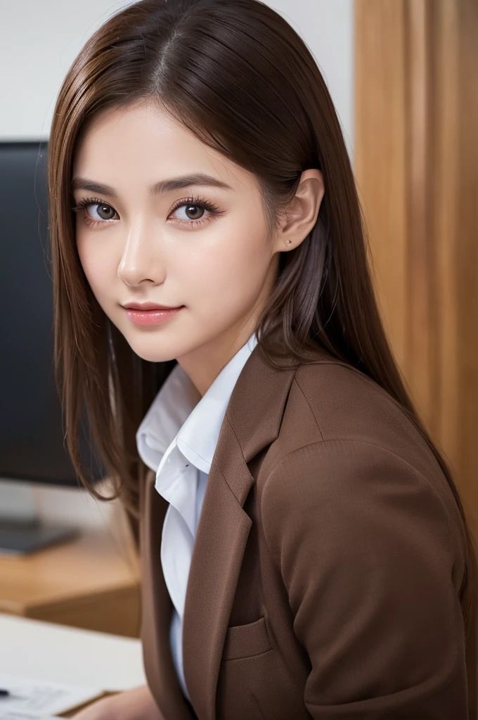 サンプル画像2:デスクサイドの微笑み〜OLの日常に映る美 AI写真集(Ai-HOHOEMI) [d_492646]