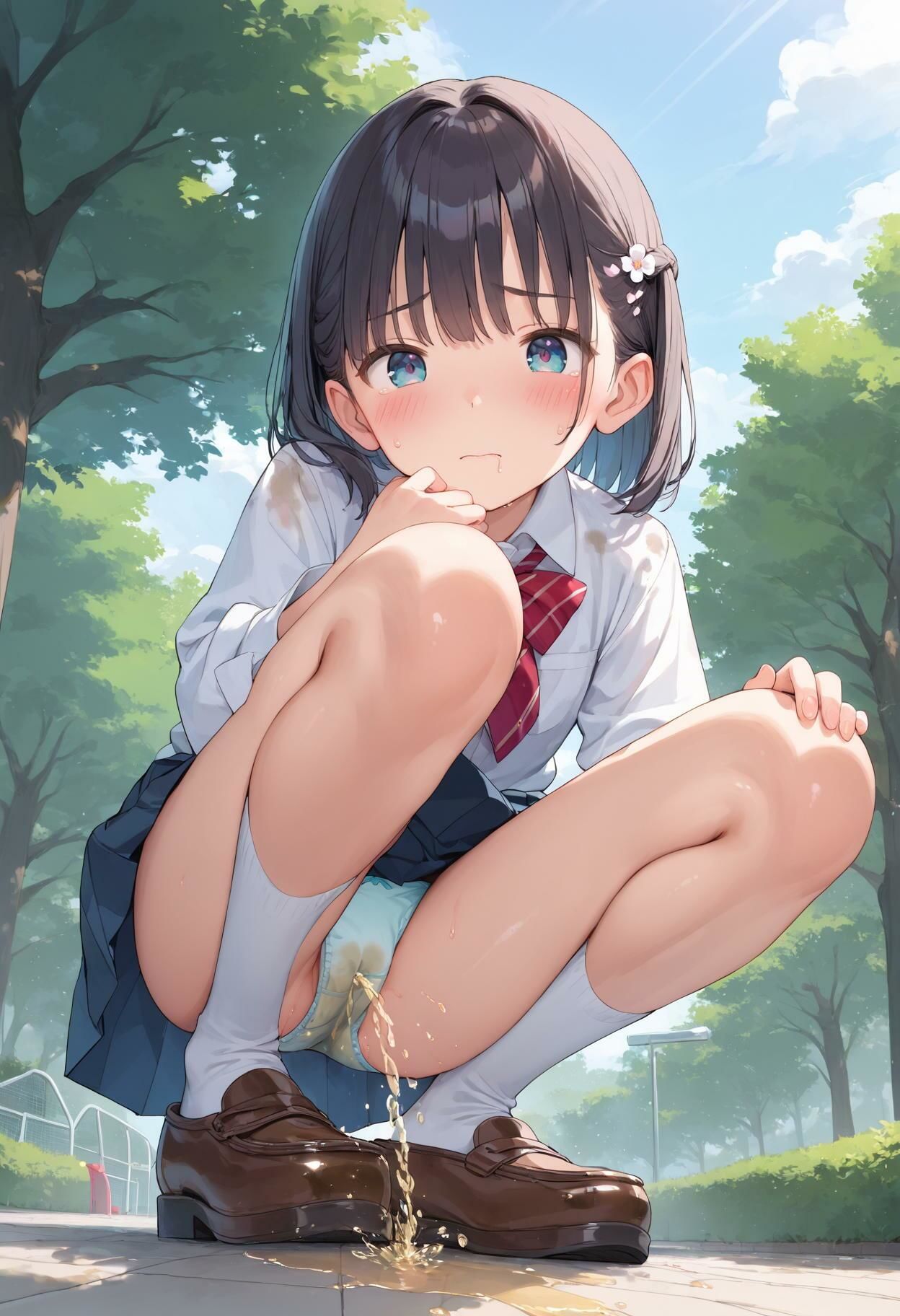 サンプル画像1:女子校生のおしっこパンティ我慢限界しゃがんでお漏らし(AI_Peeパンティ) [d_493480]