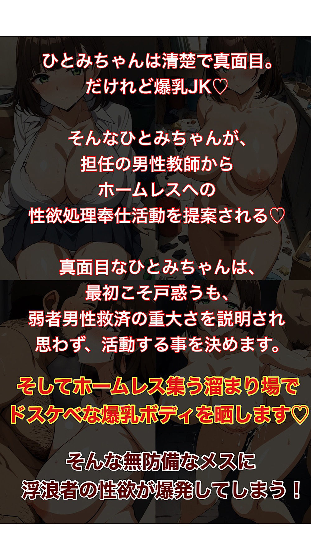 サンプル画像1:爆乳JKひとみちゃん  浮浪者にHなボランティアで肉便器します(モモダ商店) [d_495906]