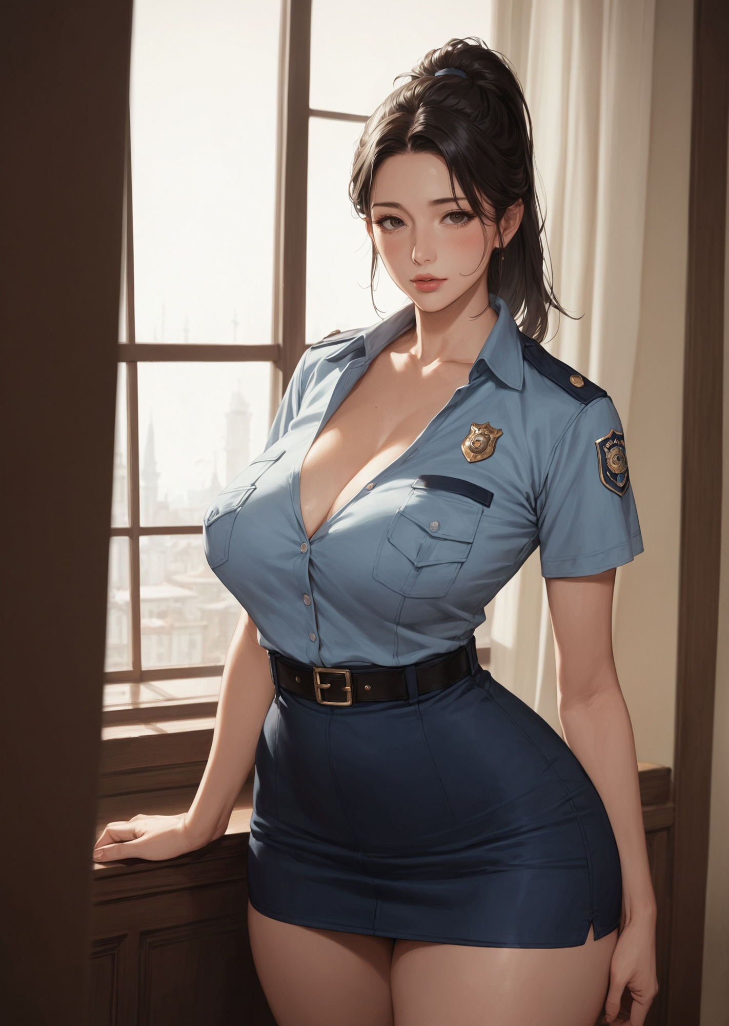 ［生成AICG］ポニーテール豊満人妻婦人警官の日常のサンプル画像 6