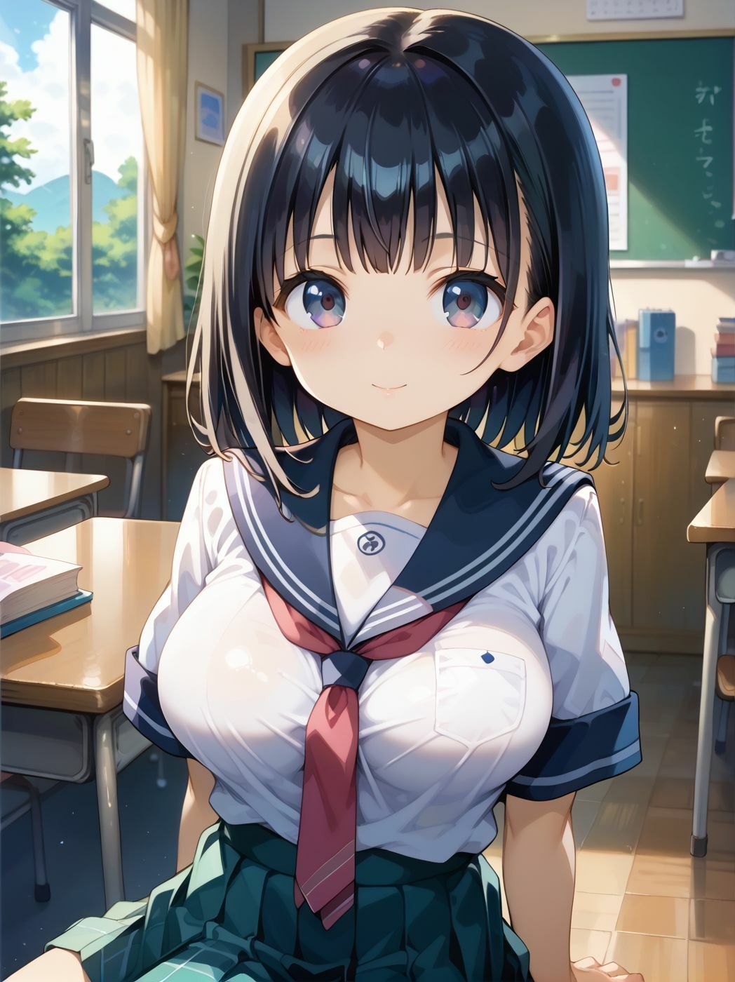 サンプル画像1:巨乳の妹と学校で生挿入した 「制服だけじゃなくてブルマもスクール水着も好きなの？」(nes_aiart) [d_500486]