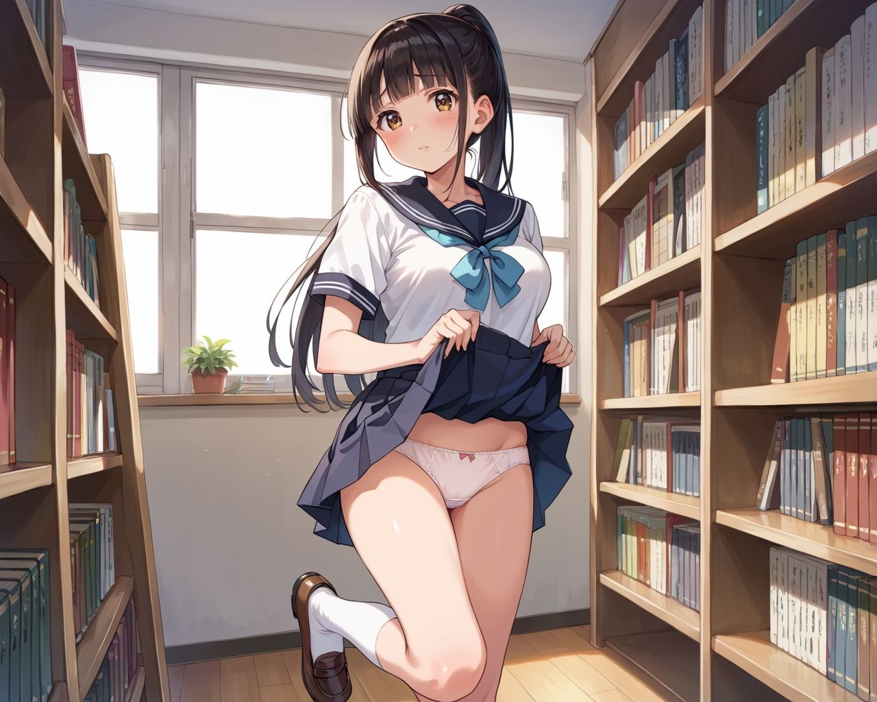 サンプル画像1:クラス1の巨乳ちゃんを音が響く図書室でイかせてみた(ひつじ雲) [d_502546]