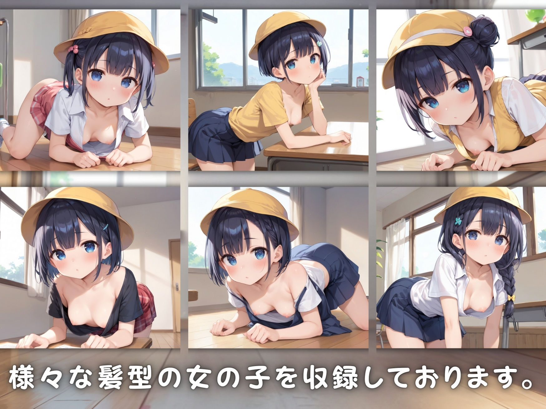 サンプル画像1:【ねぇ、どこ見てるの？】教室にいる黄色い帽子を被った美乳少女達の胸元が無防備すぎて、ちんちんイライラ大暴走(夢と希望がチラチラリズム) [d_505543]